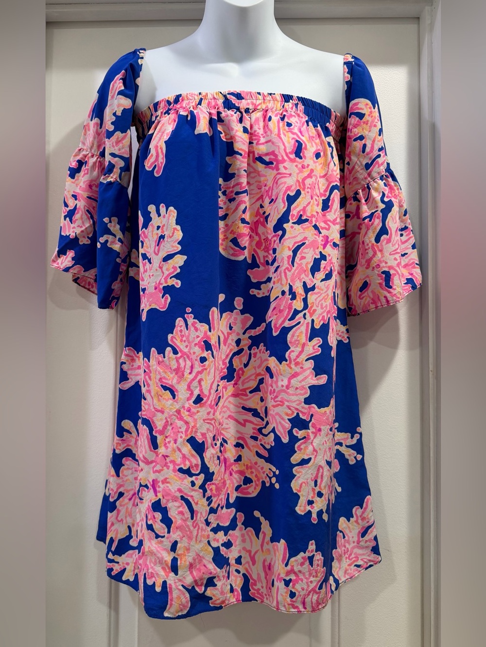 Lilly Pulitzer Royal Blue Off-Shoulder Silk Dress Pink Coral Print Size XS